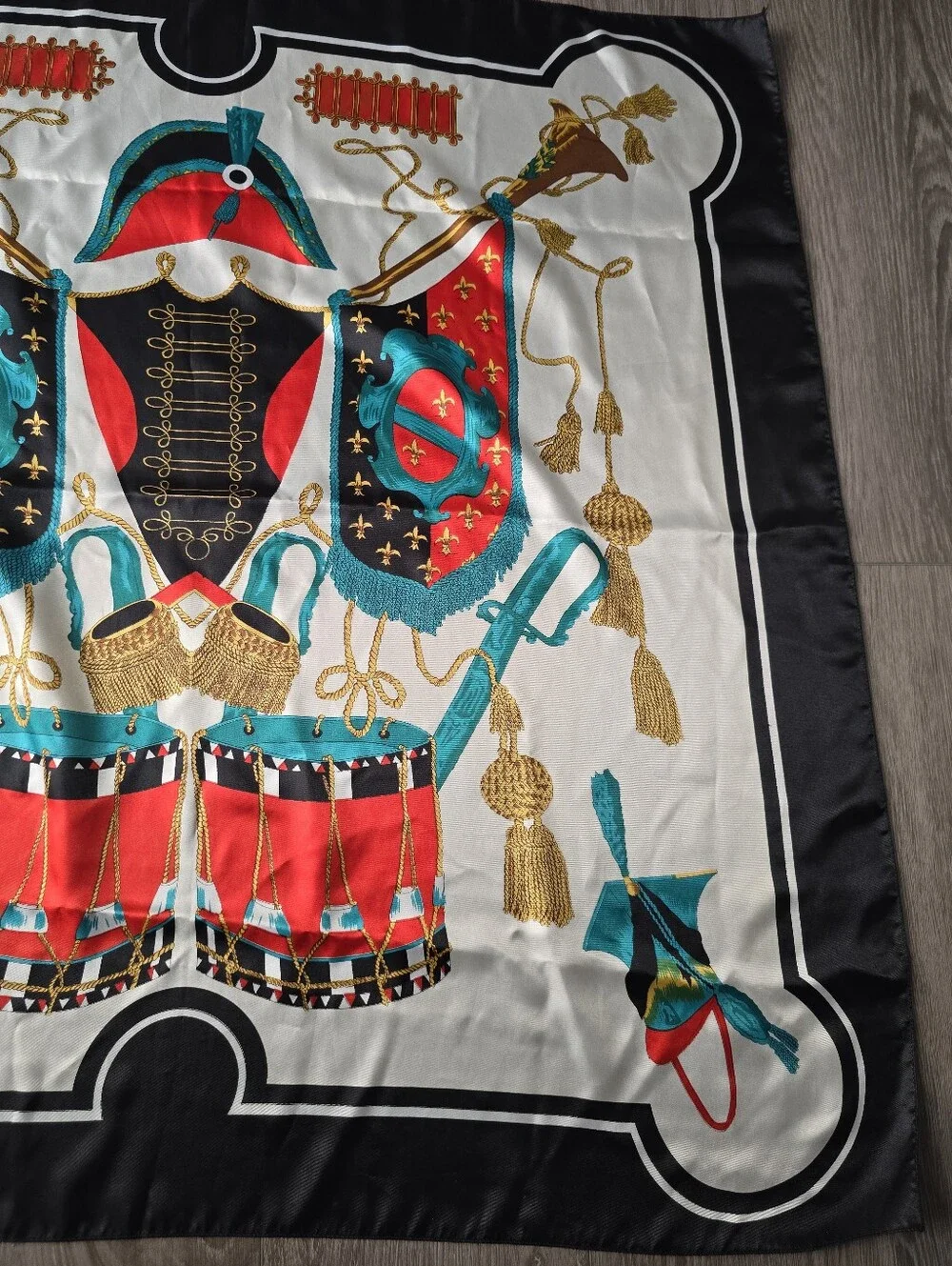 Large Scarf Napoleonic Military Drum Tassel Print Red Teal Black Gold Square 35
